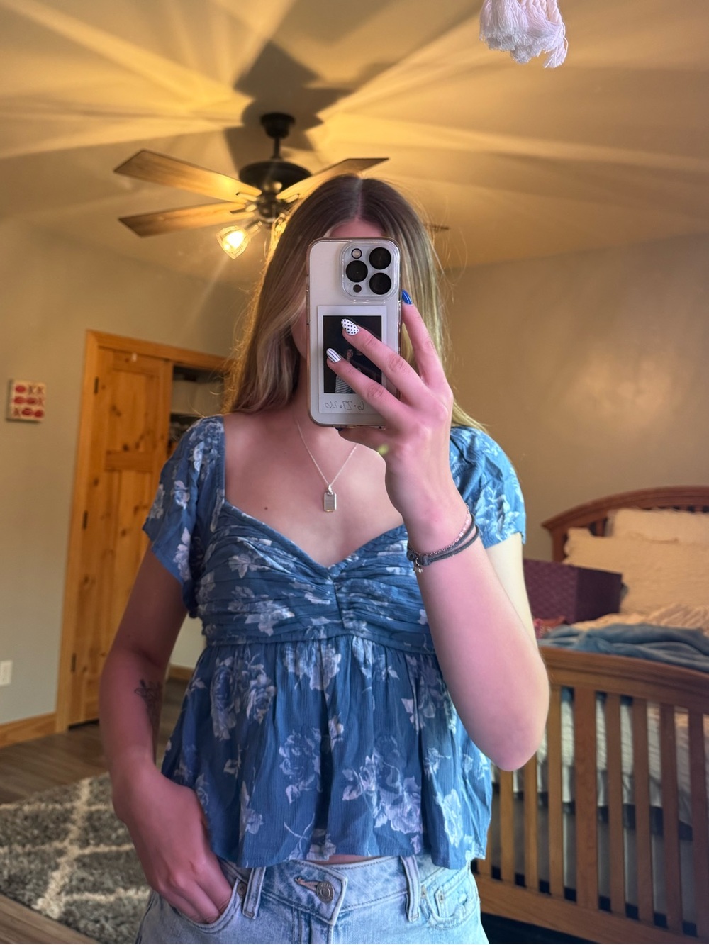 Hollister Blue Floral Puff Sleeve Peplum Top